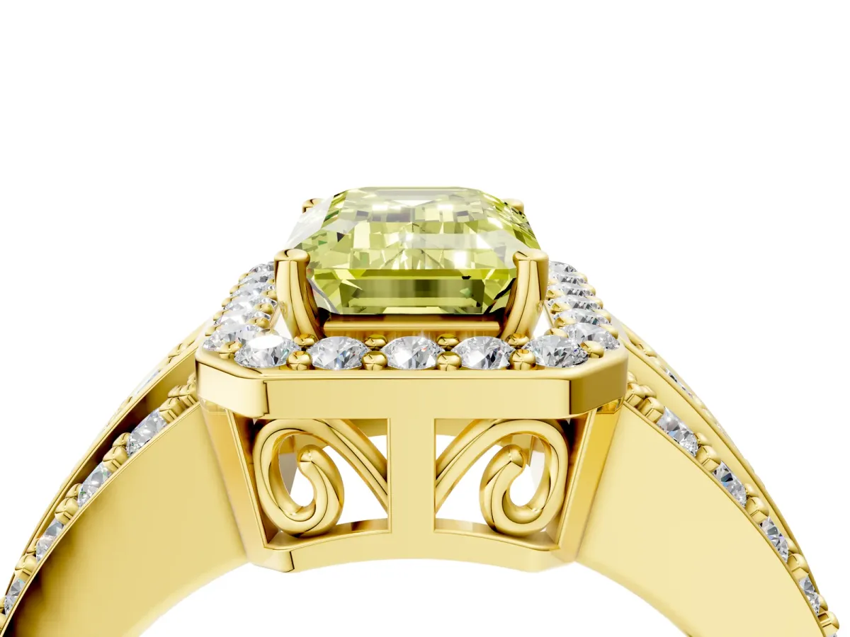 Fancy Yellow Emerald Cut Halo Diamond Ring with Round Split Shank and Prong Setting Yellow gold