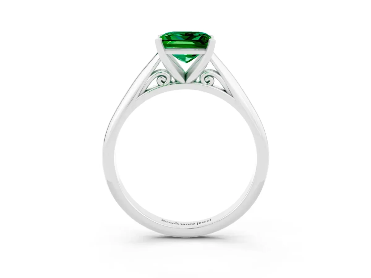 Princess Cut Emerald Solitaire Engagement Ring with Cathedral Setting and Four-Prong Mount White gold
