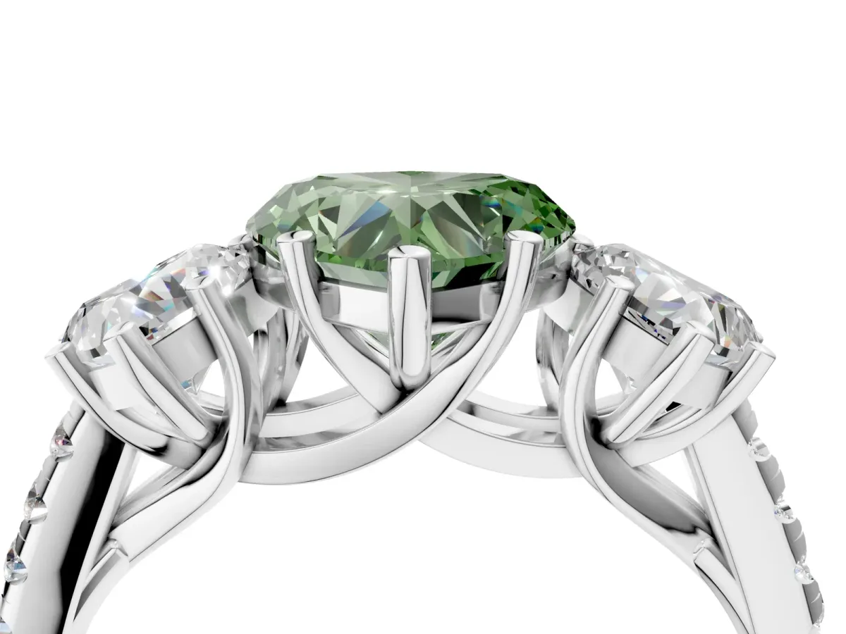 Fancy Green Three-Stone Heart Cut Diamond Ring with Round Pavé Band and Prong Setting Silver