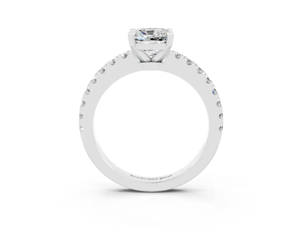 Cushion Cut Solitaire Moissanite with Pavé Band and Four-Prong Setting Silver