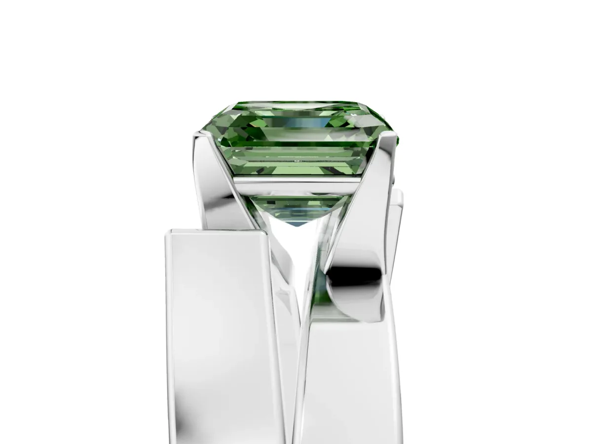 Fancy Green Modern Tension Set Asscher Cut Diamond Solitaire Wide Band Ring Silver