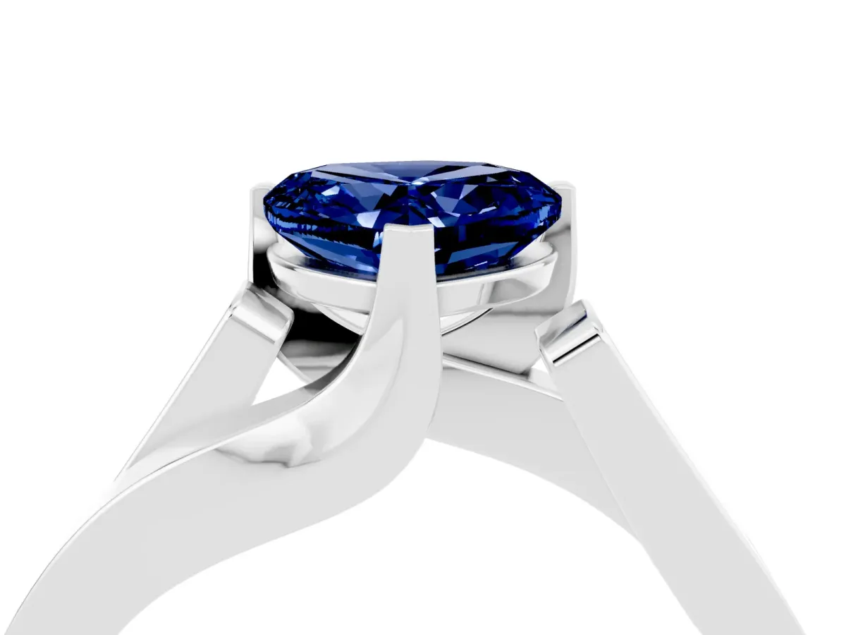 Modern Tension Set Heart Cut Blue Sapphire Solitaire Wide Band Ring Silver