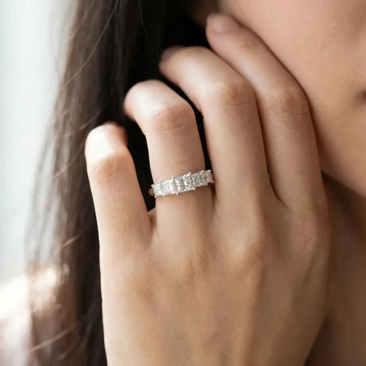 Princess Cut Five-Stone Prong Set Diamond Band Silver