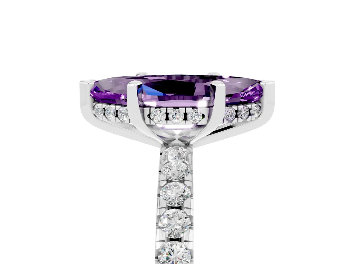 Marquise Cut Amethyst Solitaire Ring with Round Pavé Band and Four-Prong Setting Silver