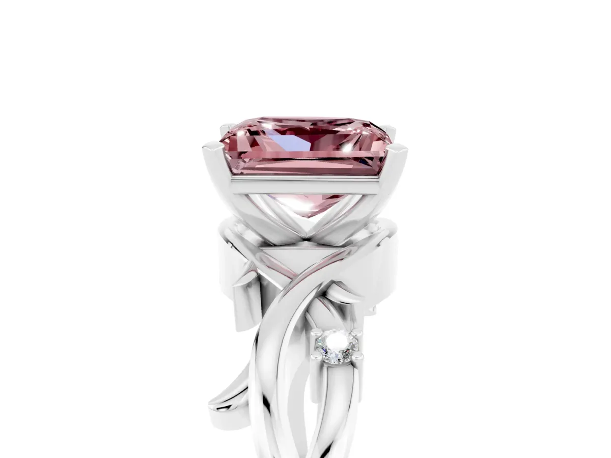 Princess Cut Morganite Solitaire Ring with Twisted Band and Prong Setting Platinum