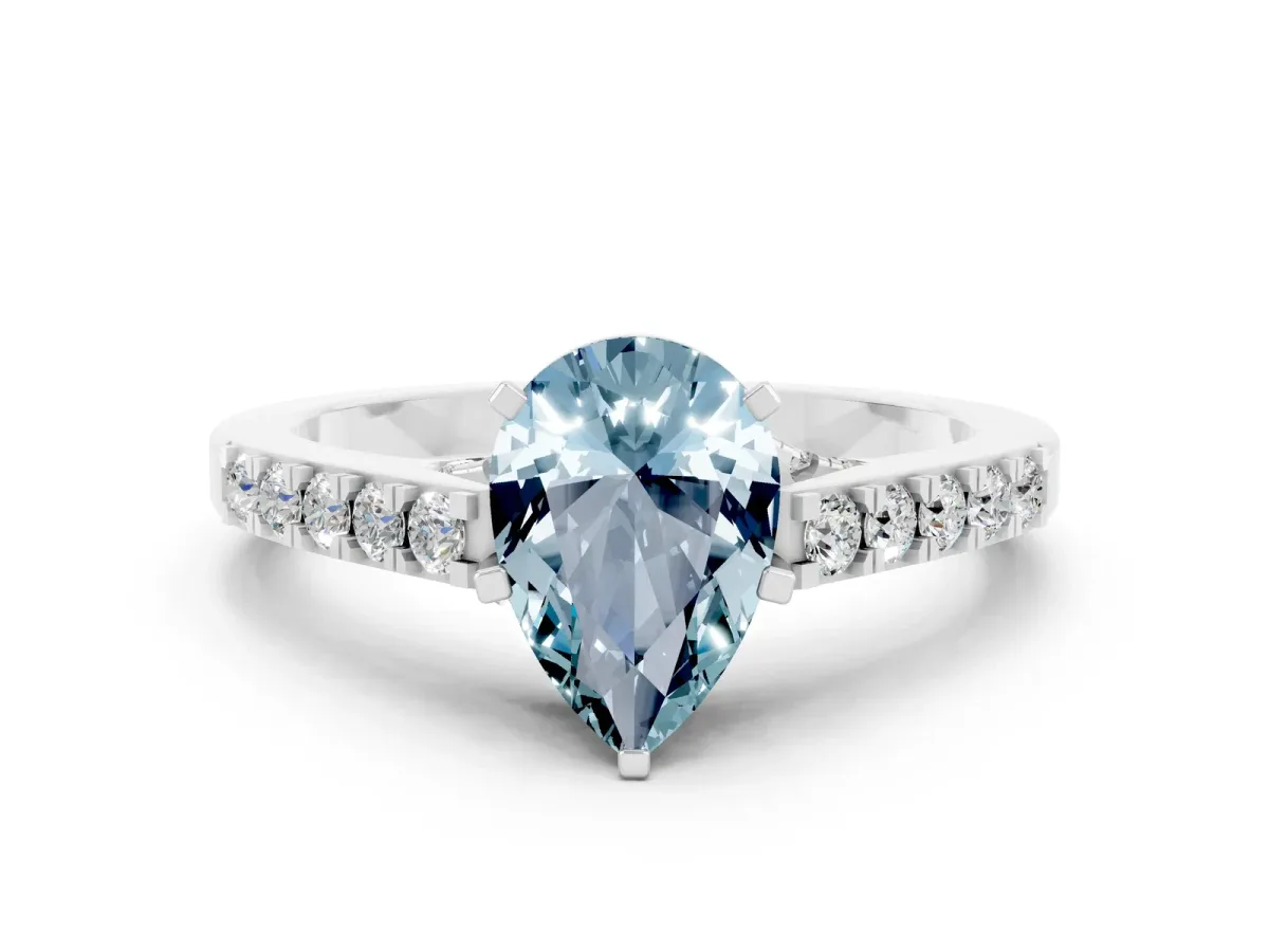 Pear Cut Aquamarine Solitaire Ring with Crossover Gallery and Round Pavé Band Silver