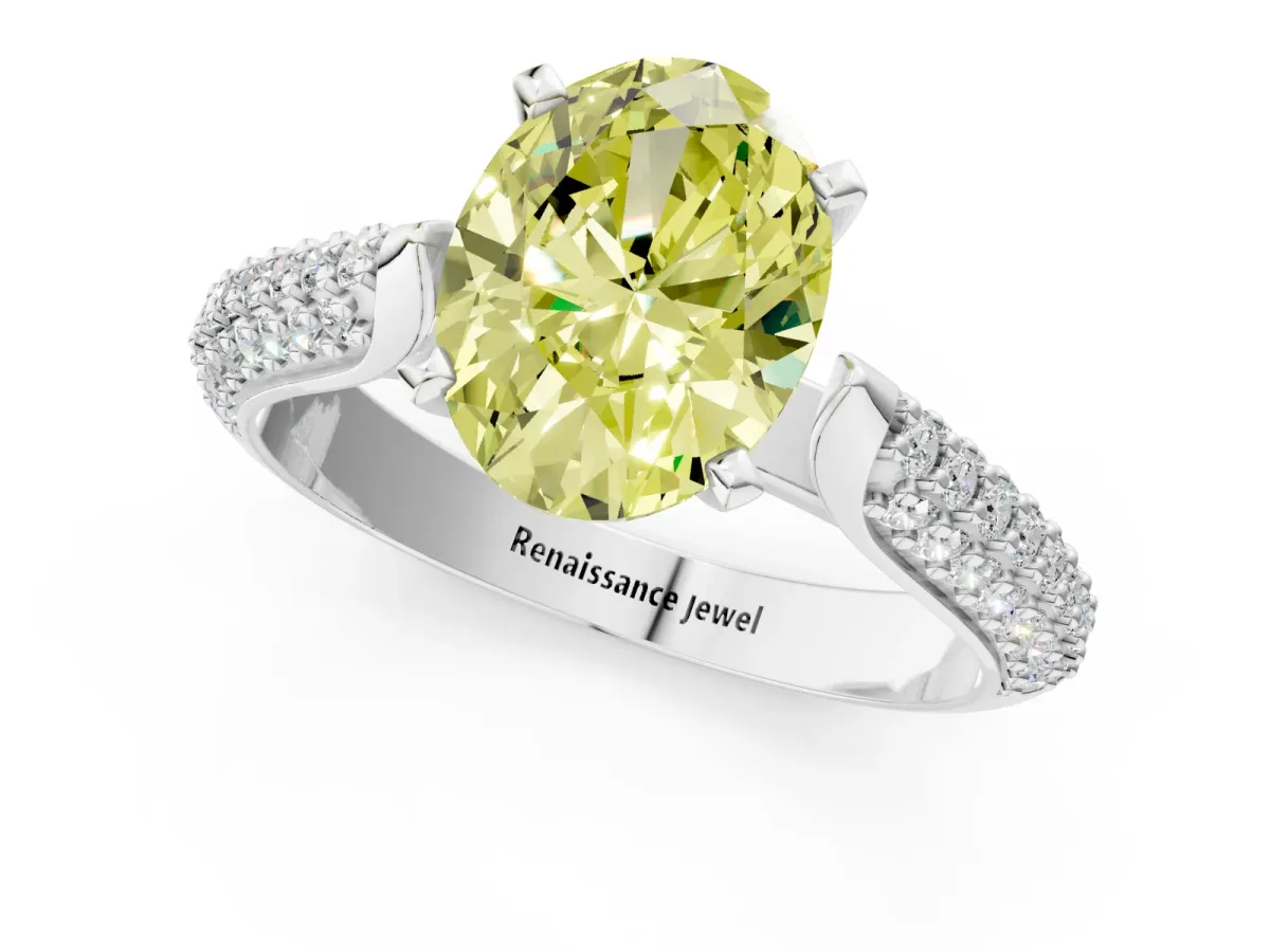Fancy Yellow Oval Cut Diamond Solitaire Engagement Ring with Multi-Row Round Pavé Band and Prong Setting Silver