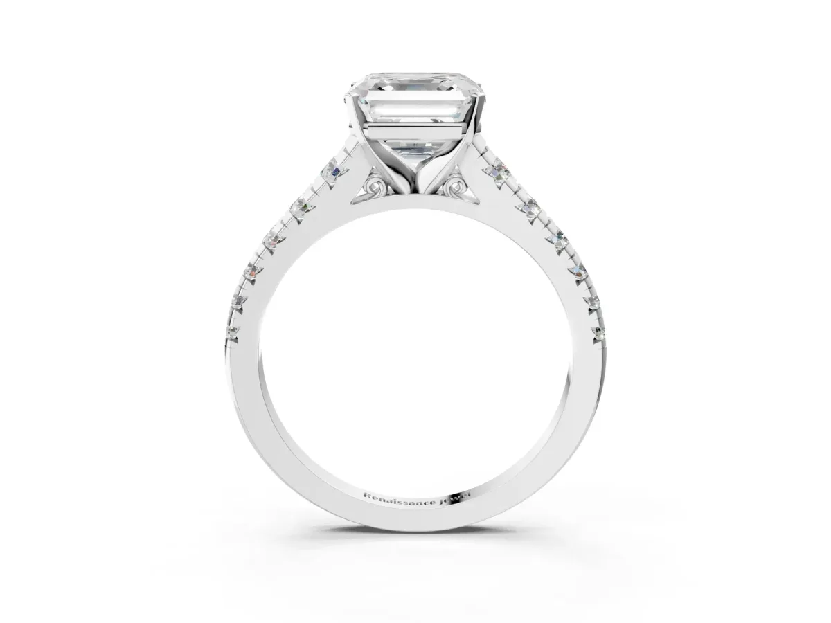Asscher Cut Diamond Cathedral Solitaire Ring with Round Moissanite Pavé Band Silver