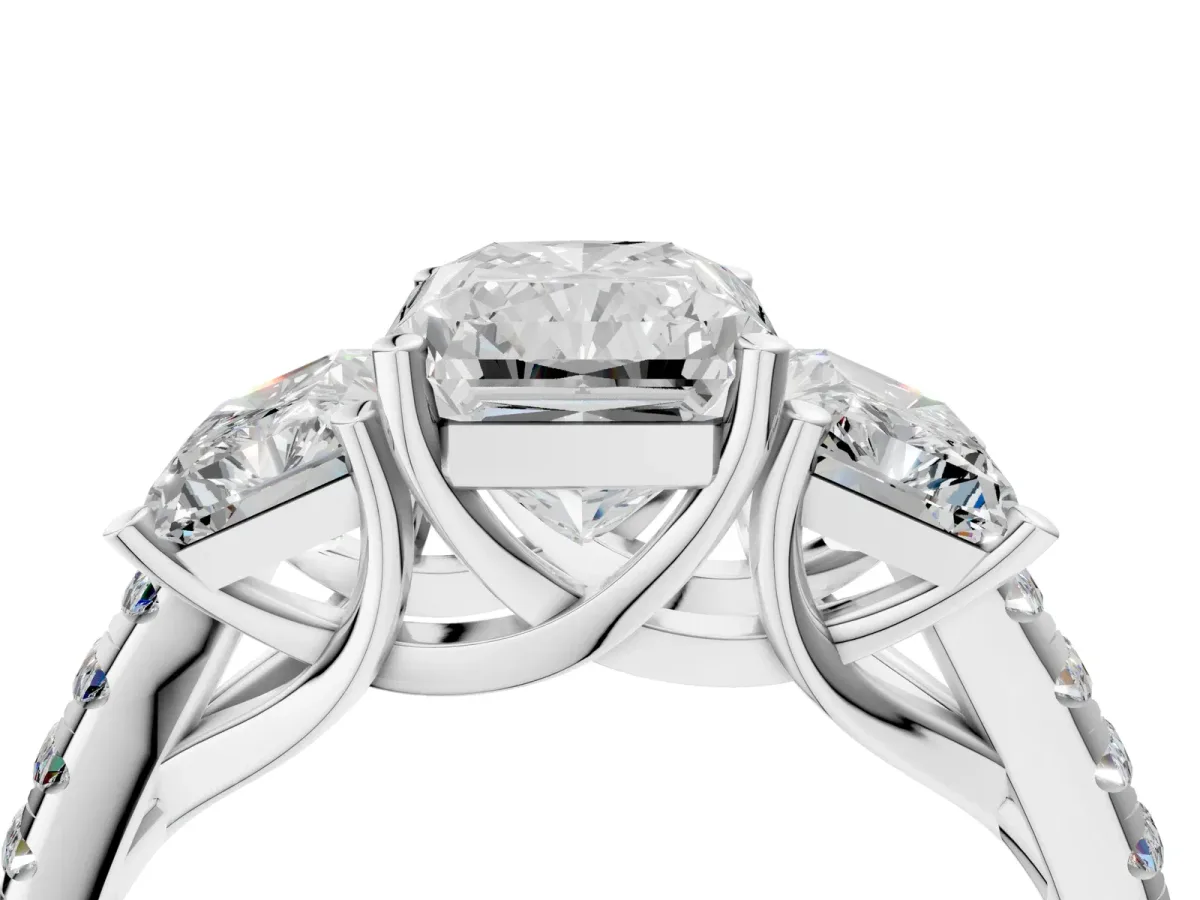 Three-Stone Radiant Cut Diamond Ring with Round Pavé Band and Prong Setting Platinum