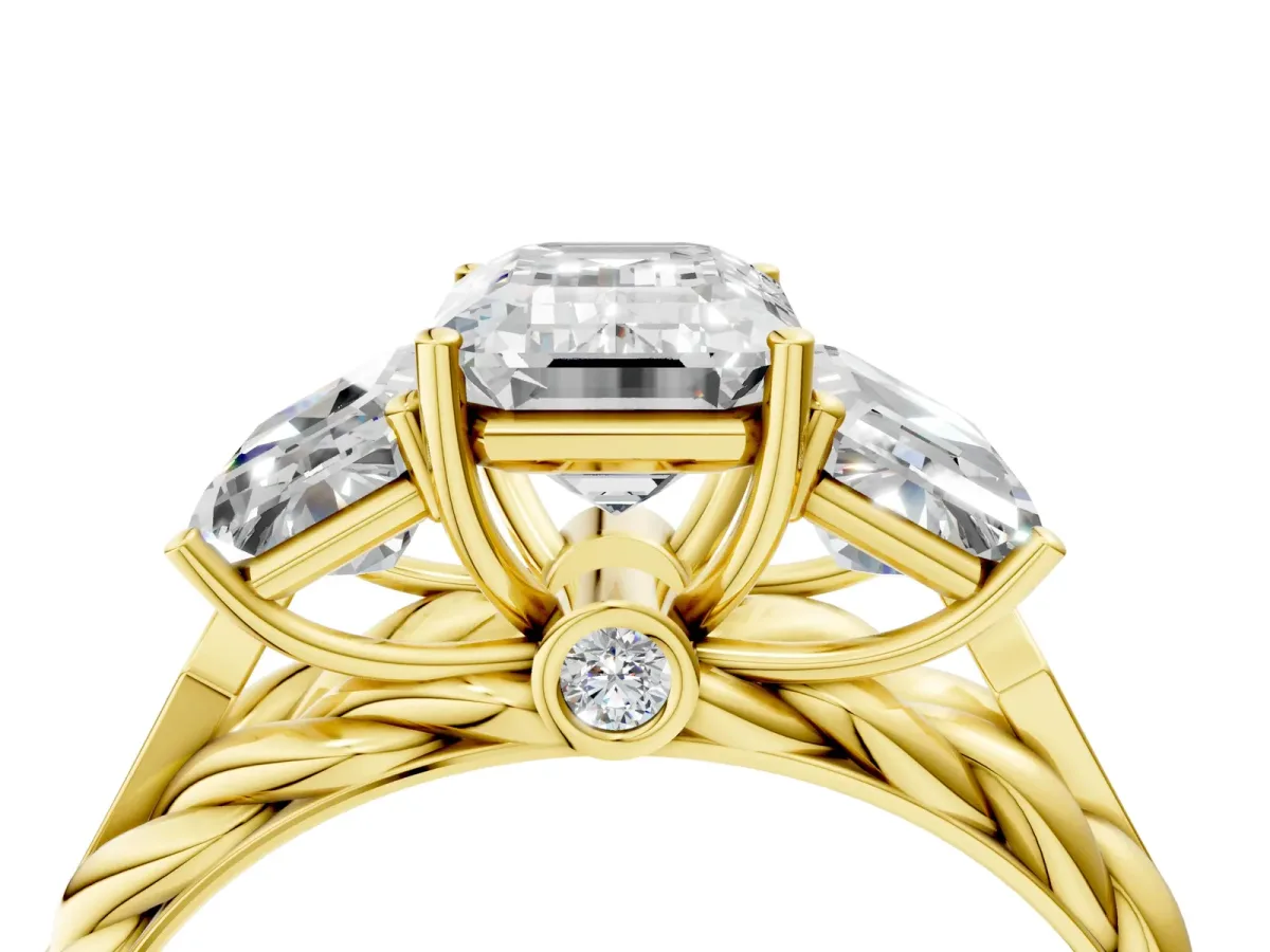 Three-Stone Radiant Cut Diamond Braided Band Ring with Four-Prong Setting Yellow gold