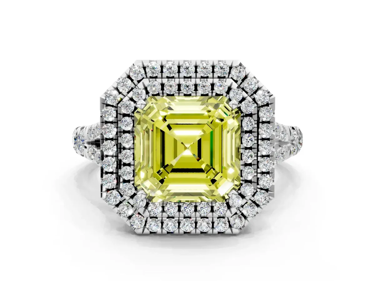 Fancy Yellow Asscher Cut Diamond Double Halo Ring with Split Shank and Prong Setting Silver