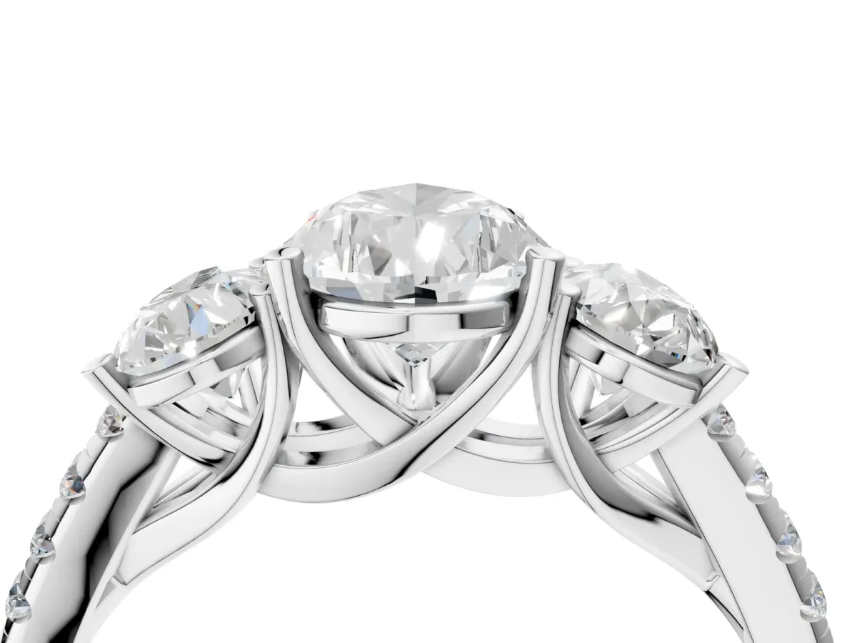 Three-Stone Pear Cut Diamond Ring with Round Moissanite Pavé Band and Prong Setting Platinum