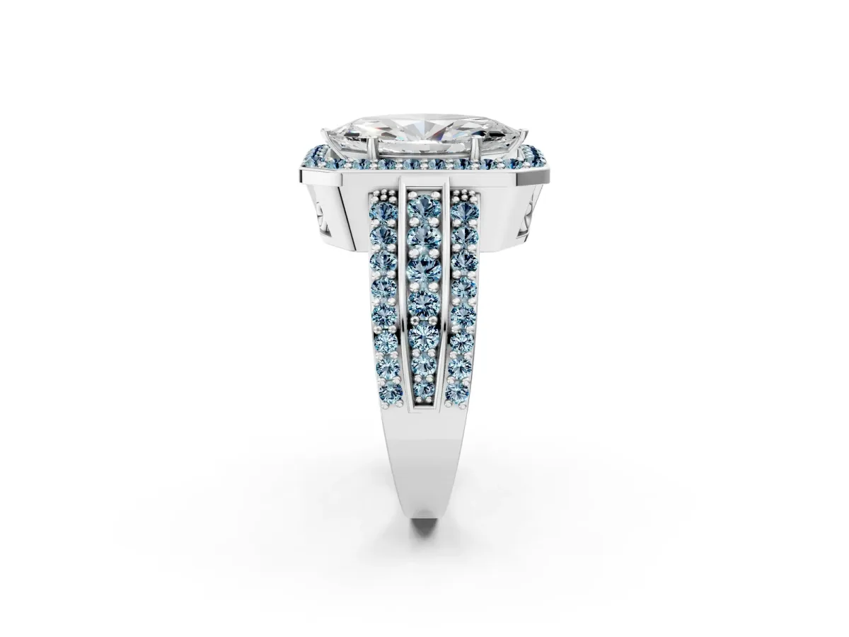 Marquise Cut Halo Diamond Ring with Round Aquamarine Split Shank and Prong Setting Silver