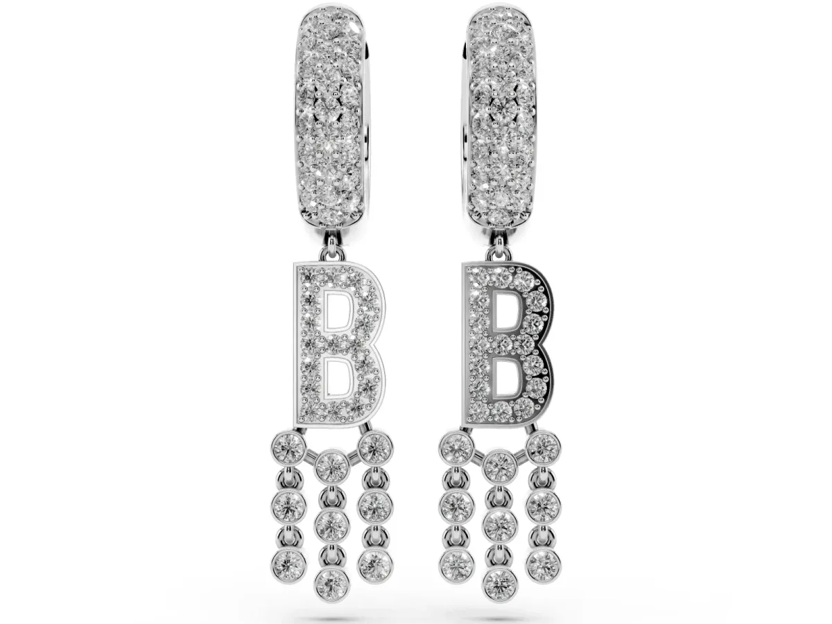Round Diamond Initial B Huggie Hoop Earrings Silver