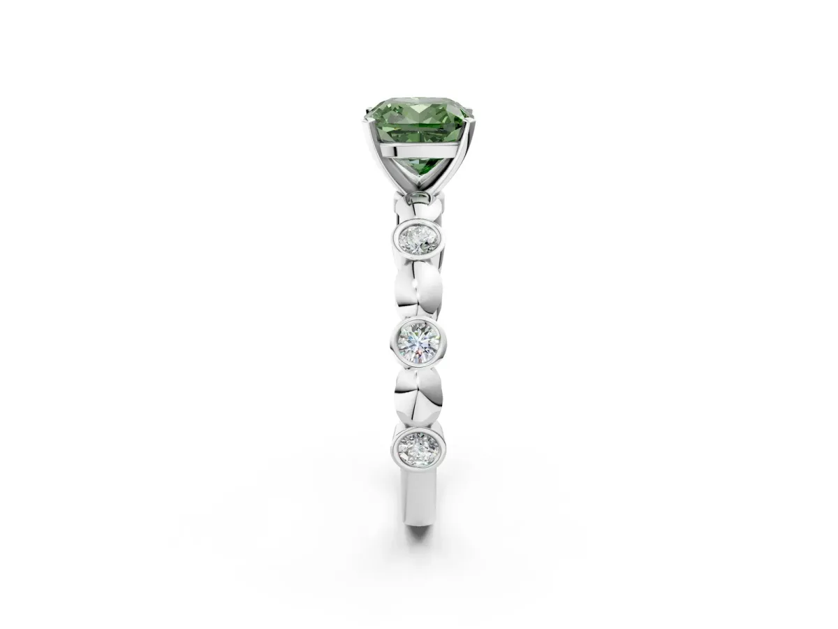 Fancy Green Cushion Cut Solitaire Bezel-Set Diamond Ring with Beaded Band and Four-Prong Setting Silver