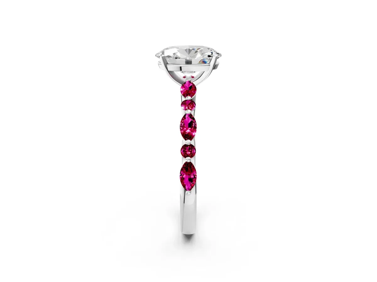 Oval Cut Diamond Ring with Marquise and Round Garnet Side Stones and Four-Prong Setting Silver
