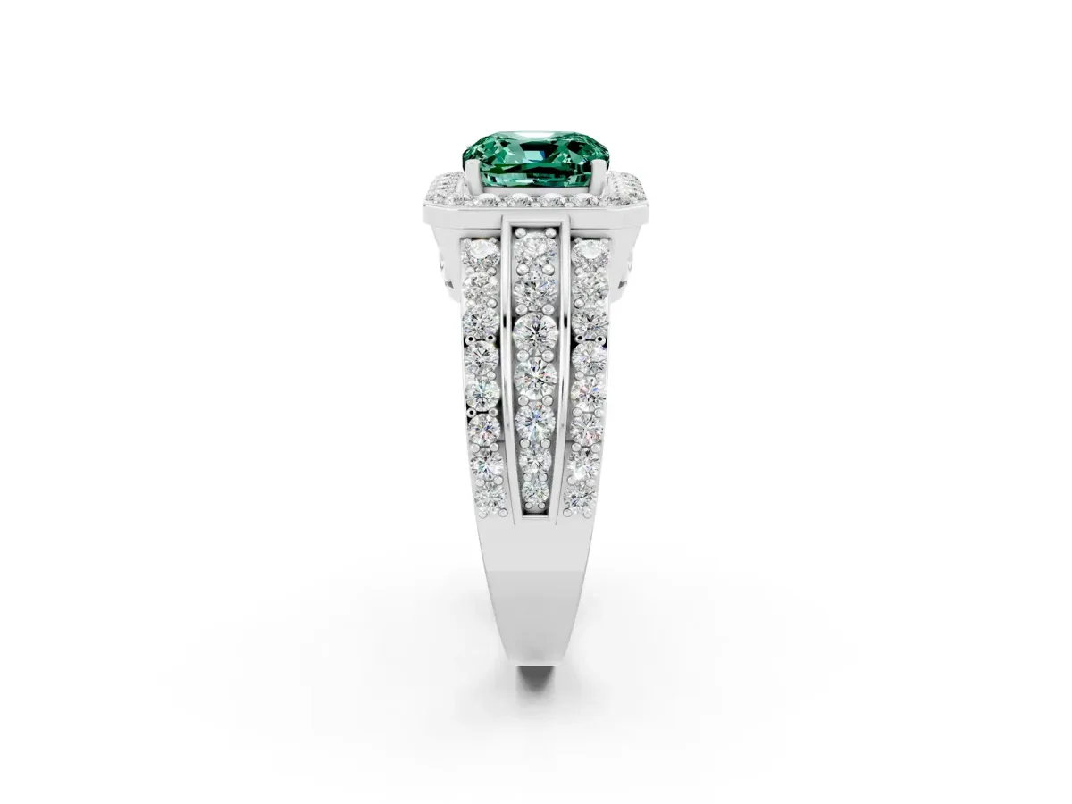 Cushion Cut Halo Green Sapphire Ring with Round Split Shank and Prong Setting Silver