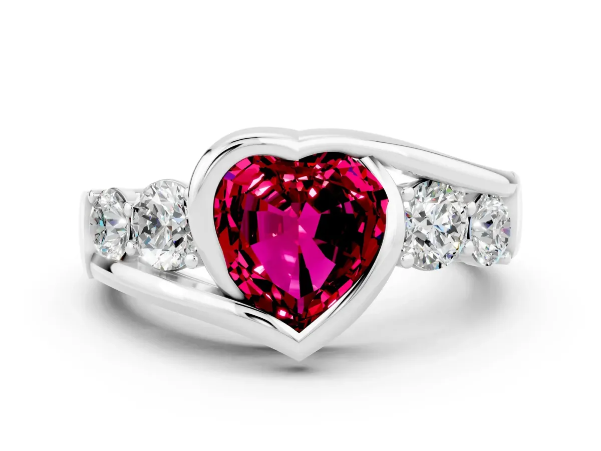 Bezel Set Heart Cut Garnet Bypass Ring with Round Accents Platinum