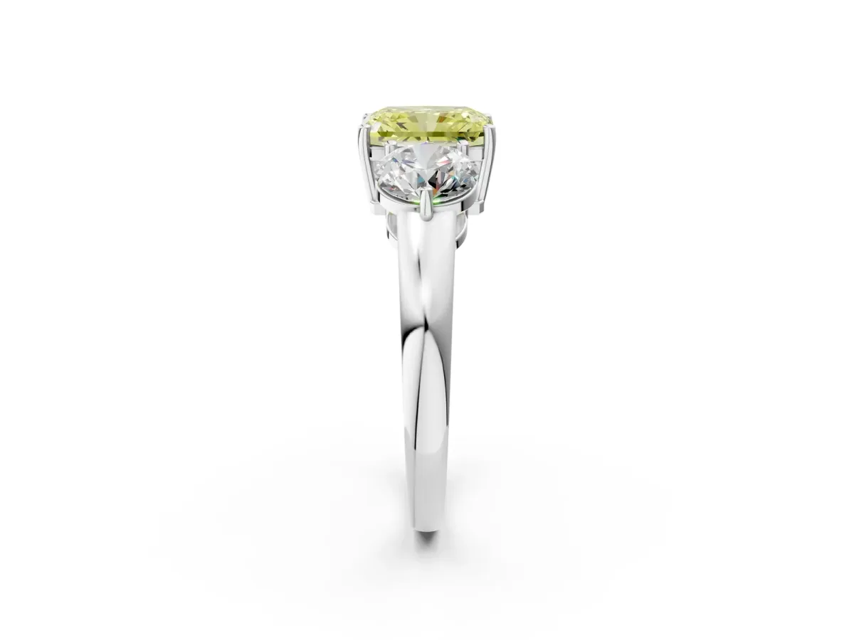 Fancy Yellow Radiant Cut Diamond Three-Stone Ring with Prong Setting and Classic Band Platinum