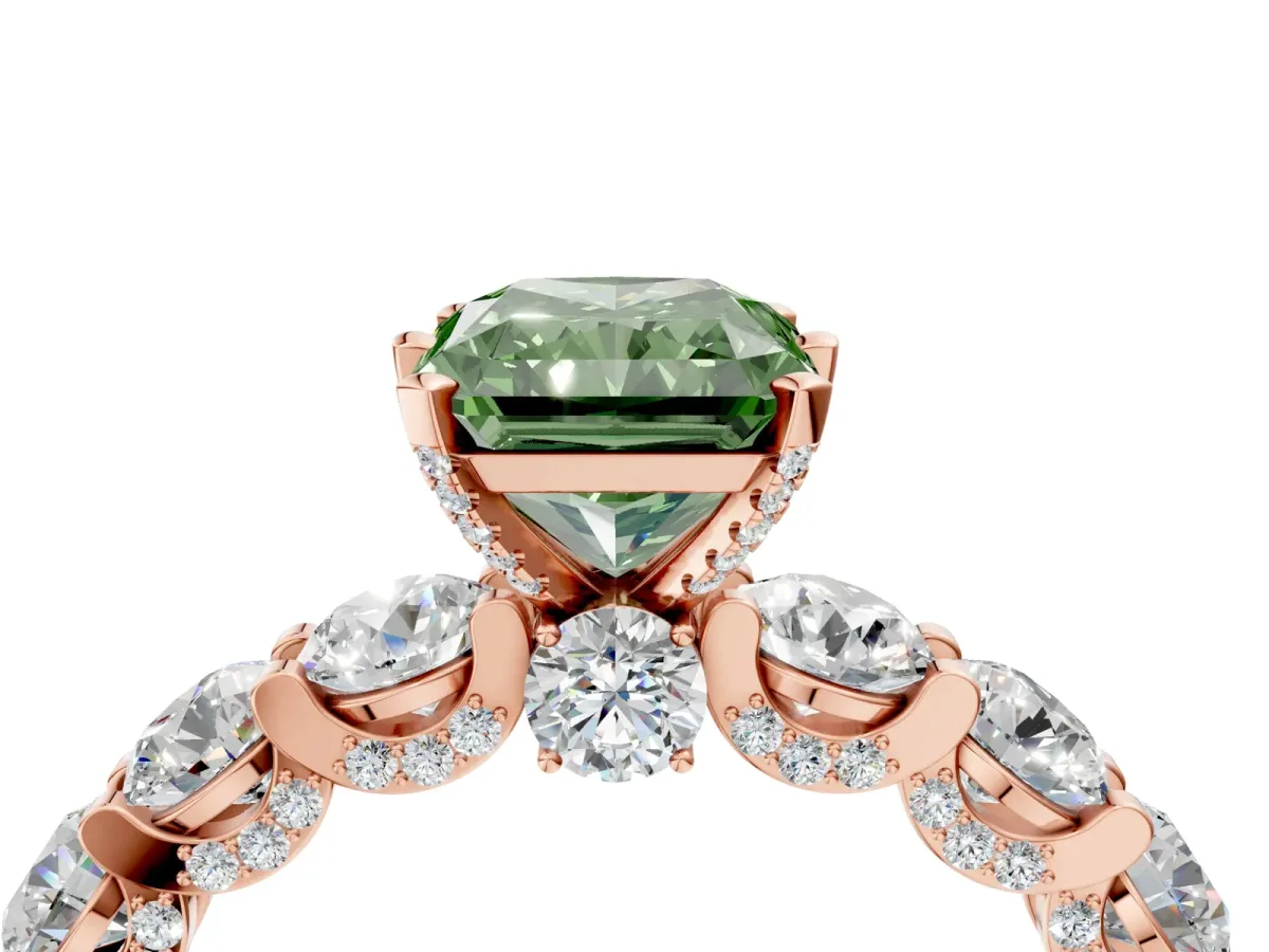 Fancy Green Radiant Cut Diamond Side Stone Engagement Ring with Four-Prong Setting Rose gold