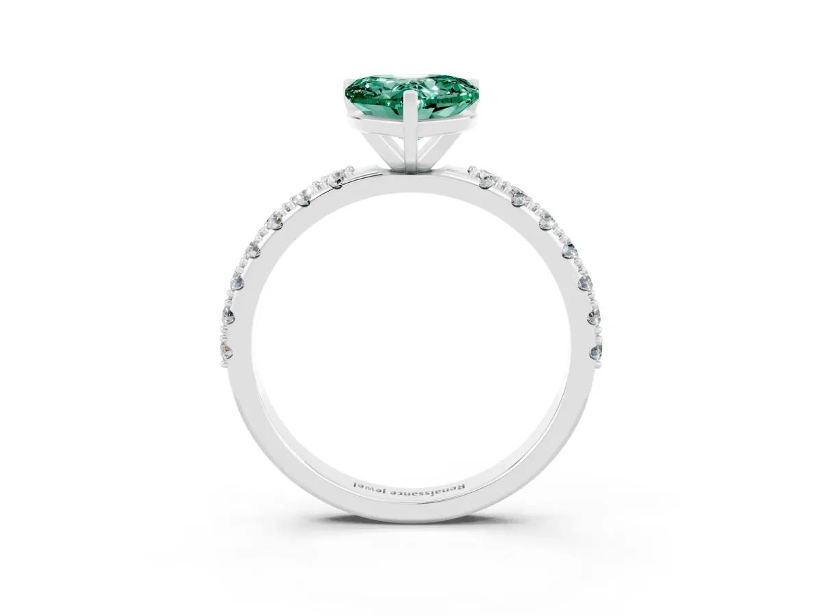 Heart Cut Green Sapphire Solitaire Pavé Band with Four-Prong Setting Silver