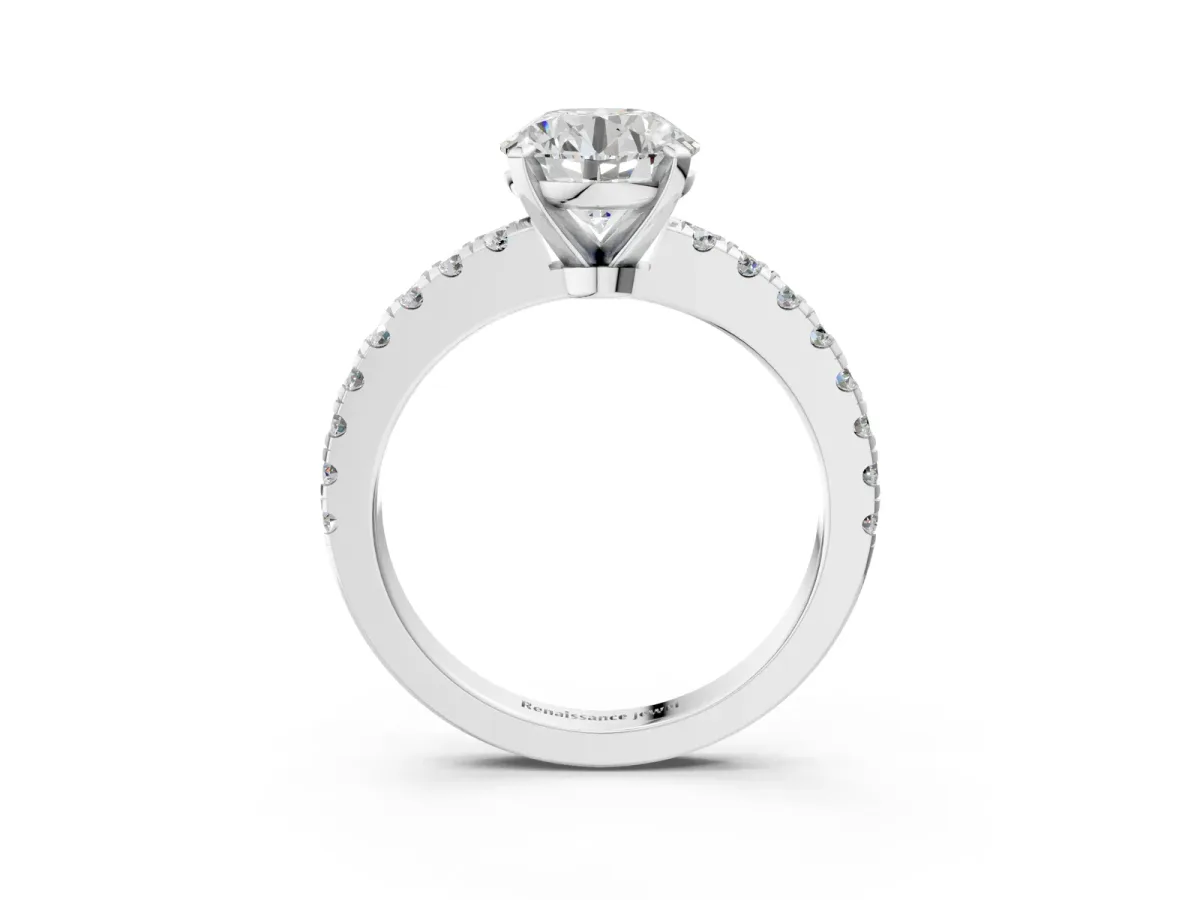 Round Cut Solitaire Diamond with Pavé Band and Four-Prong Setting Silver