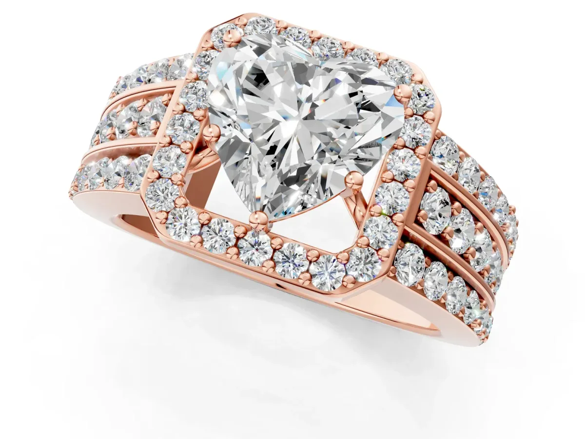 Heart Cut Halo Diamond Ring with Round Split Shank and Prong Setting Rose gold