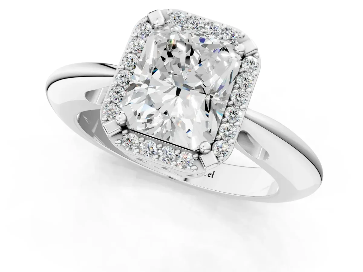 Radiant Cut Cut Diamond Halo Engagement Ring with Split Shank and Four-Prong Setting Platinum