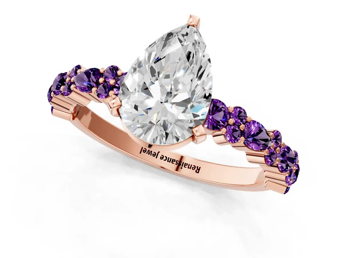 Pear Cut Diamond Side Stone Solitaire Ring with Round Amethyst and Four-Prong Setting Rose gold