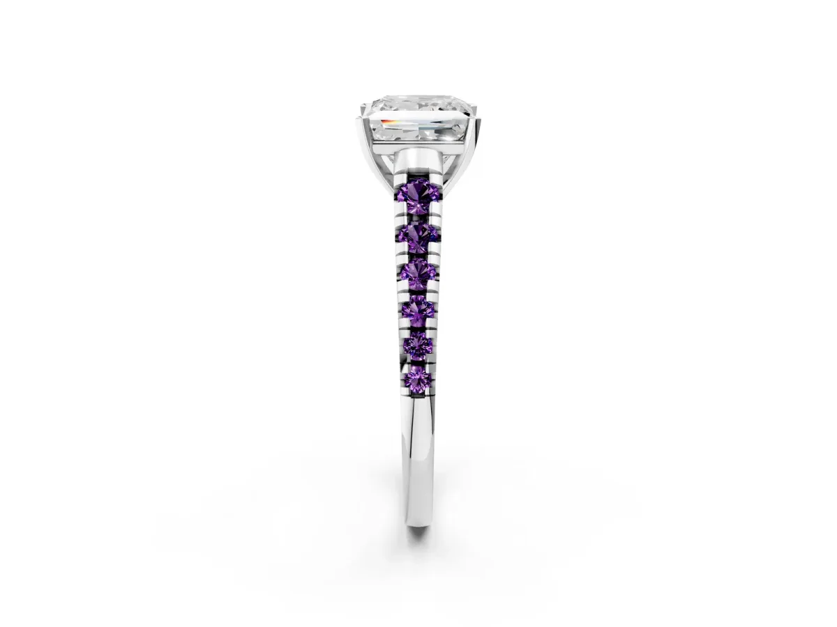 Princess Cut Diamond Cathedral Solitaire Ring with Round Amethyst Pavé Band Silver