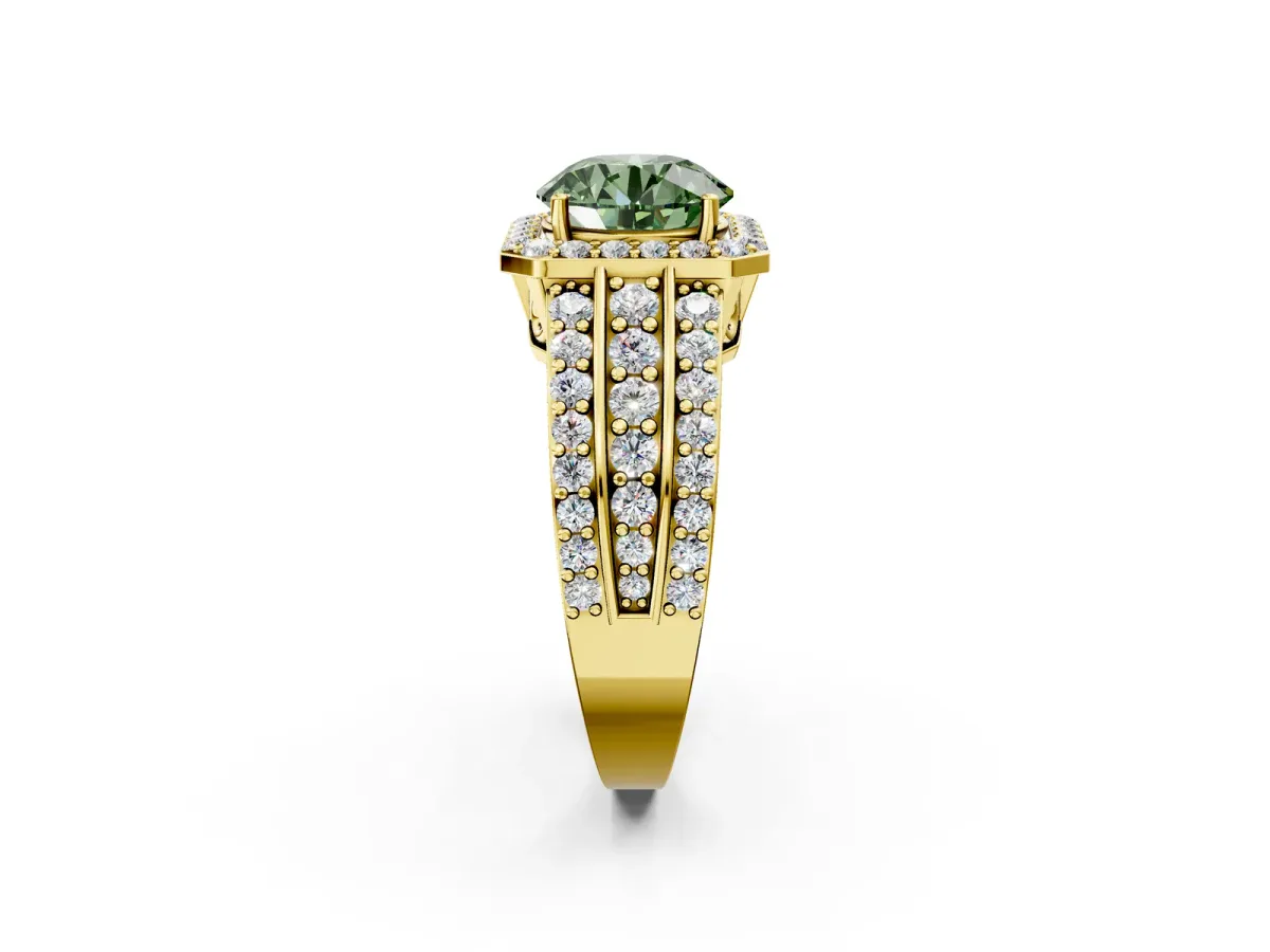 Fancy Green Round Cut Halo Diamond Ring with Round Split Shank and Prong Setting Yellow gold