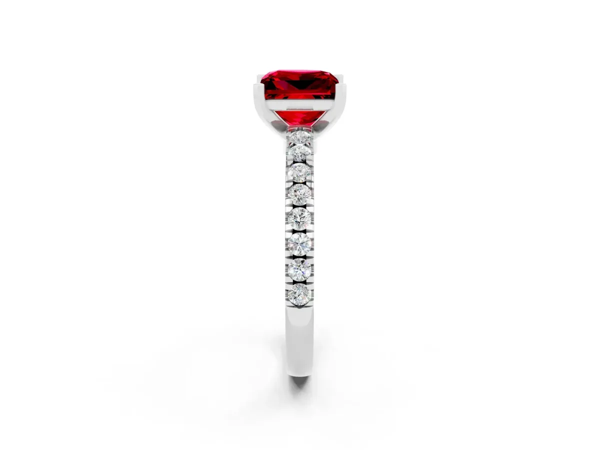 Princess Cut Solitaire Ruby with Pavé Band and Four-Prong Setting Silver
