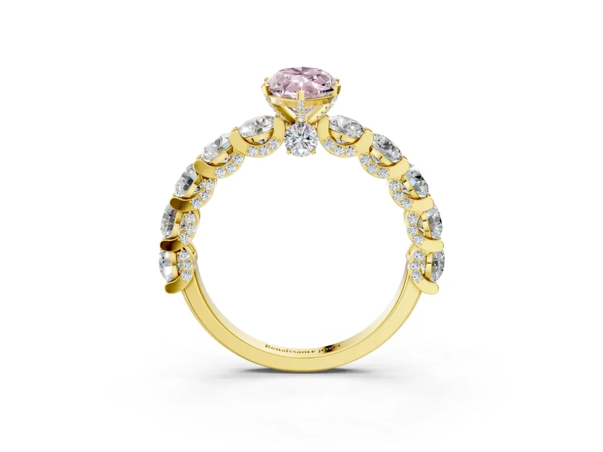Fancy Pink Marquise Cut Diamond Side Stone Engagement Ring with Four-Prong Setting Yellow gold