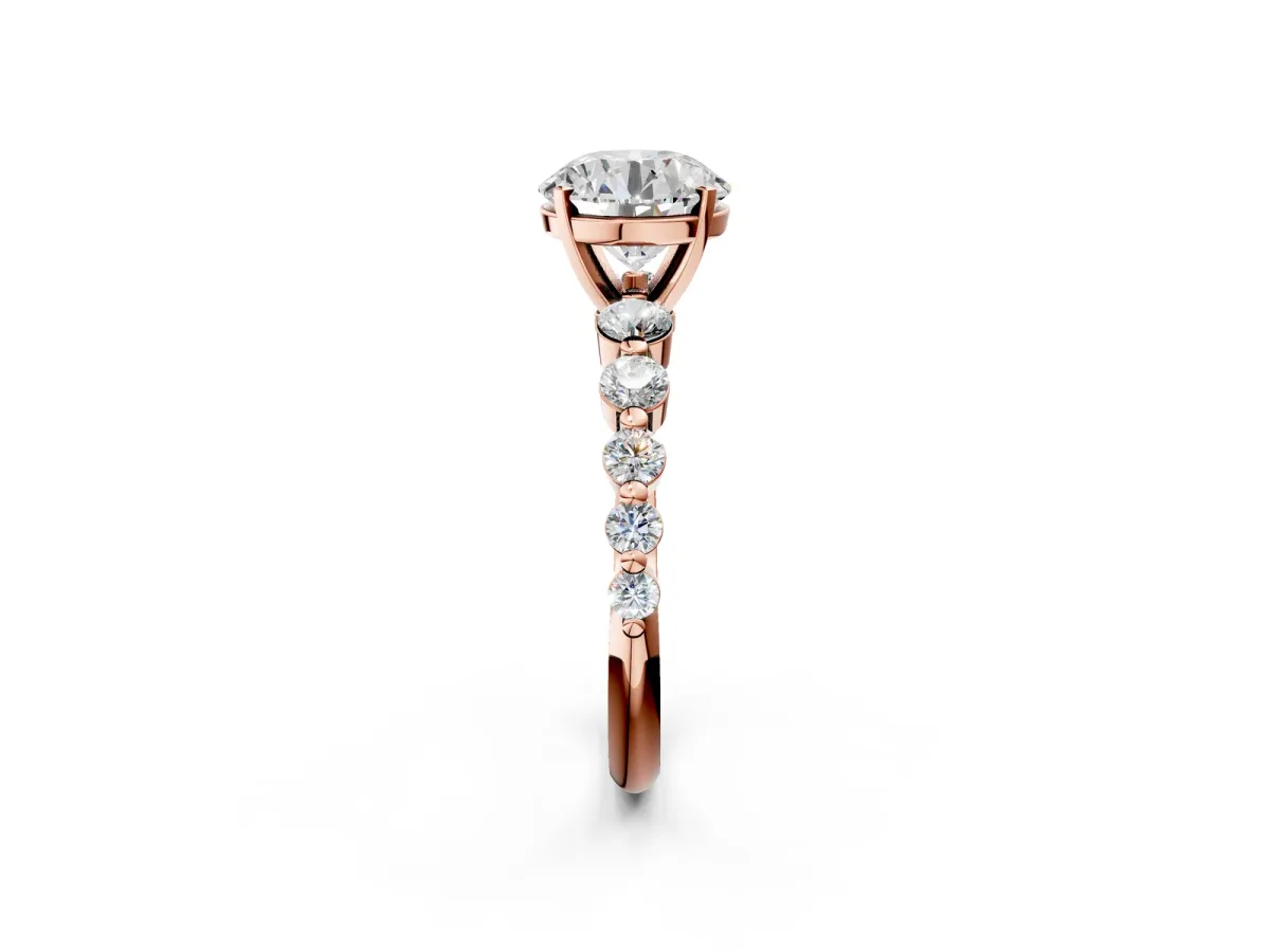 Round Cut Solitaire Diamond Ring with Pave Band and Four-Prong Setting Rose gold
