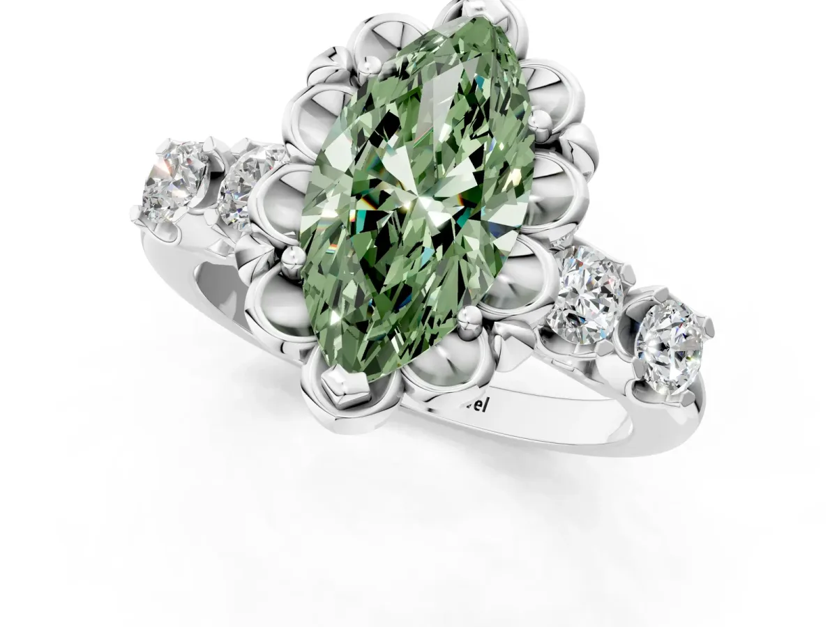 Fancy Green Marquise Cut Cut Diamond Floral Halo Engagement Ring with Shared Prong Setting Silver