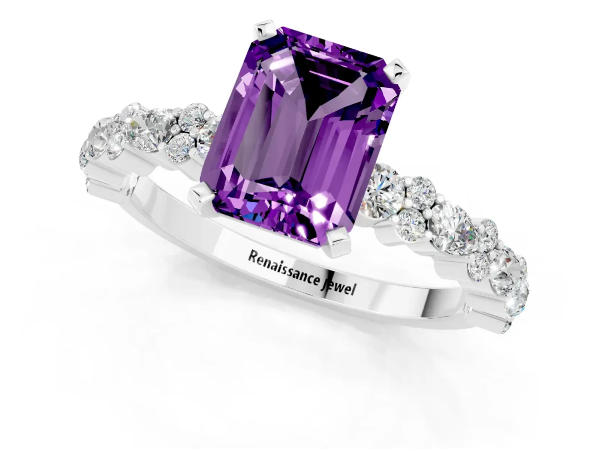 Emerald Cut Amethyst Side Stone Solitaire Ring with Round and Four-Prong Setting Silver