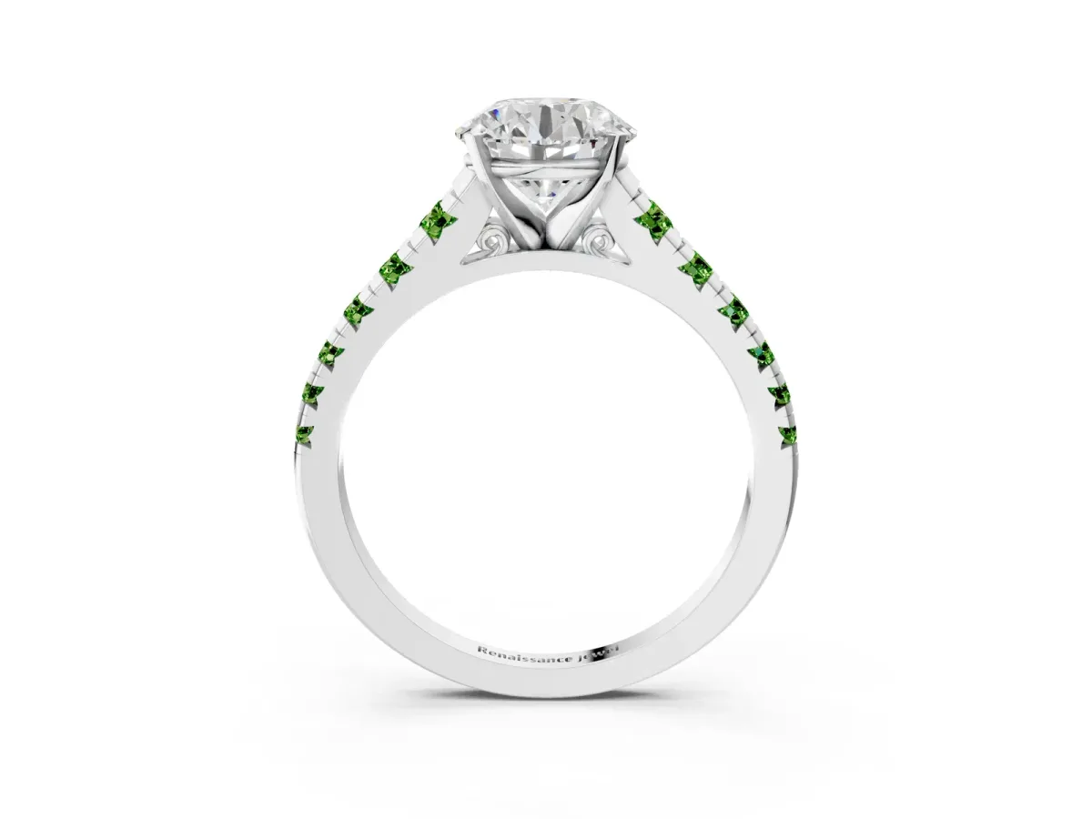 Round Cut Diamond Cathedral Solitaire Ring with Round Peridot Pavé Band Platinum