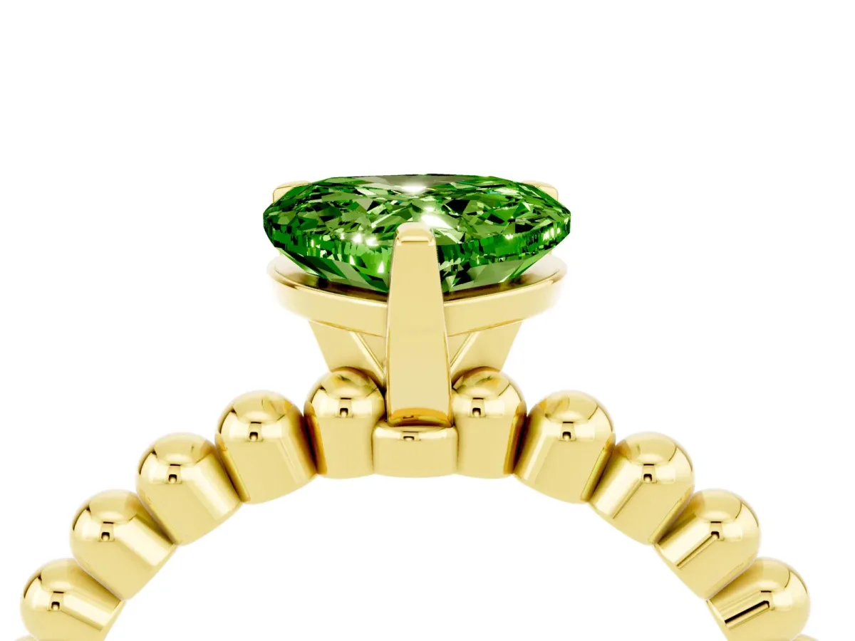 Heart Cut Peridot Solitaire Ring with Beaded Band and Prong Setting Yellow gold