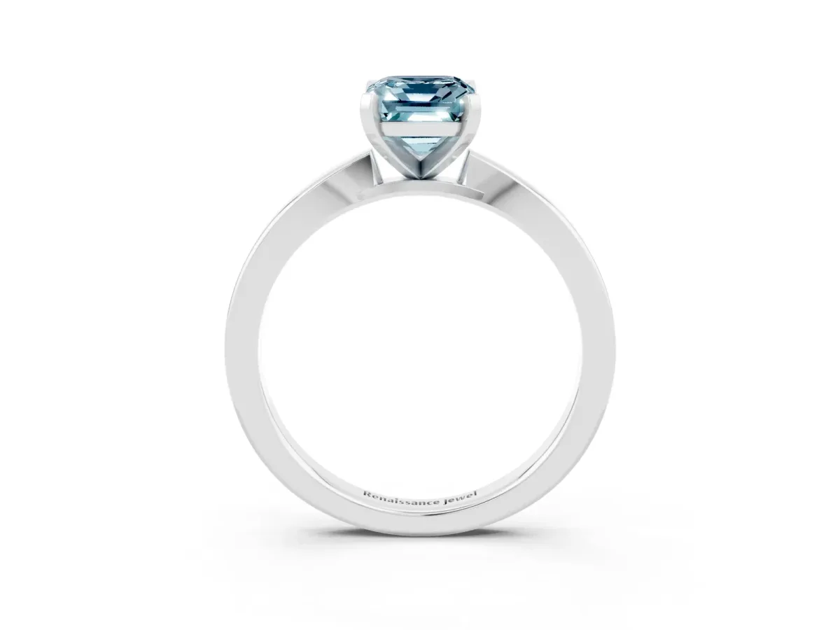 Emerald Cut Aquamarine Solitaire Engagement Ring with Classic Band and Four-Prong Setting Silver