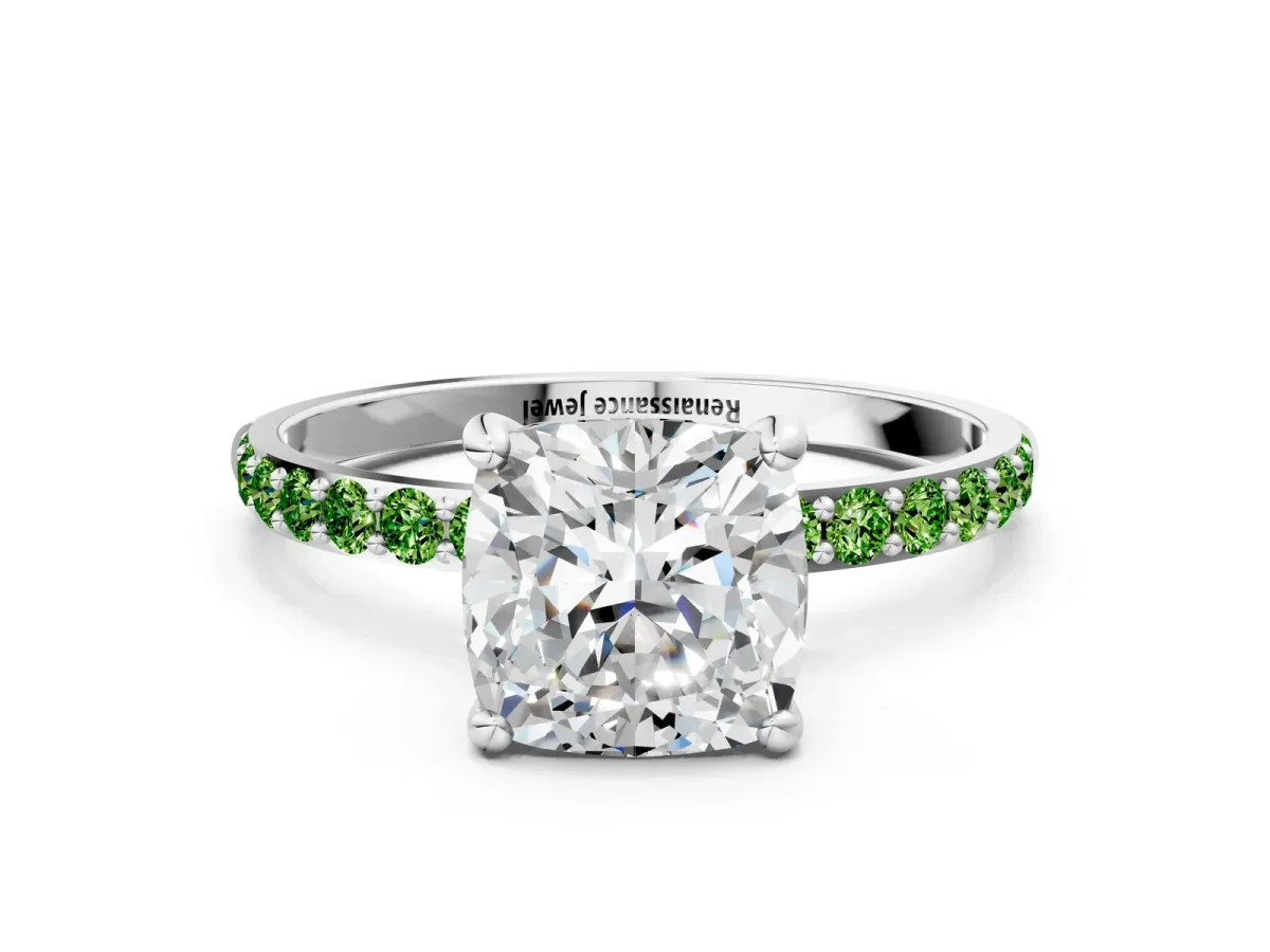 Cushion Cut Diamond Solitaire Ring with Round Peridot Pavé Band and Prong Setting Silver