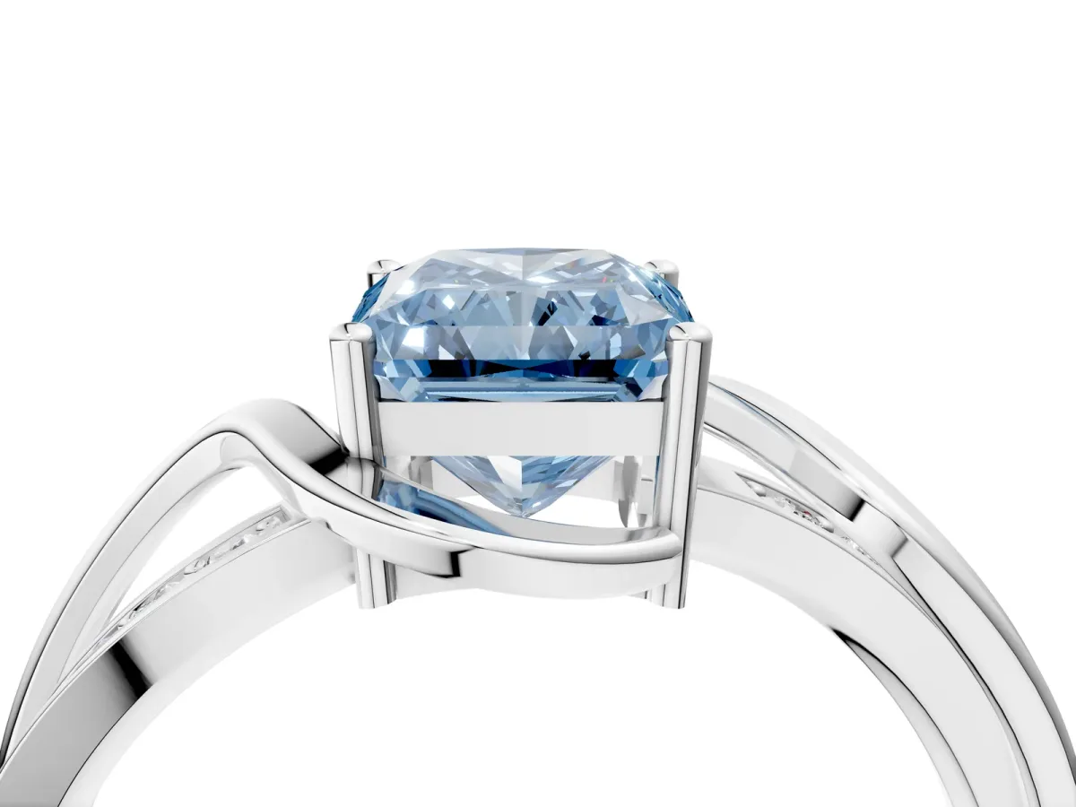 Fancy Blue Radiant Cut Solitaire Twisted Band with Prong Setting Platinum
