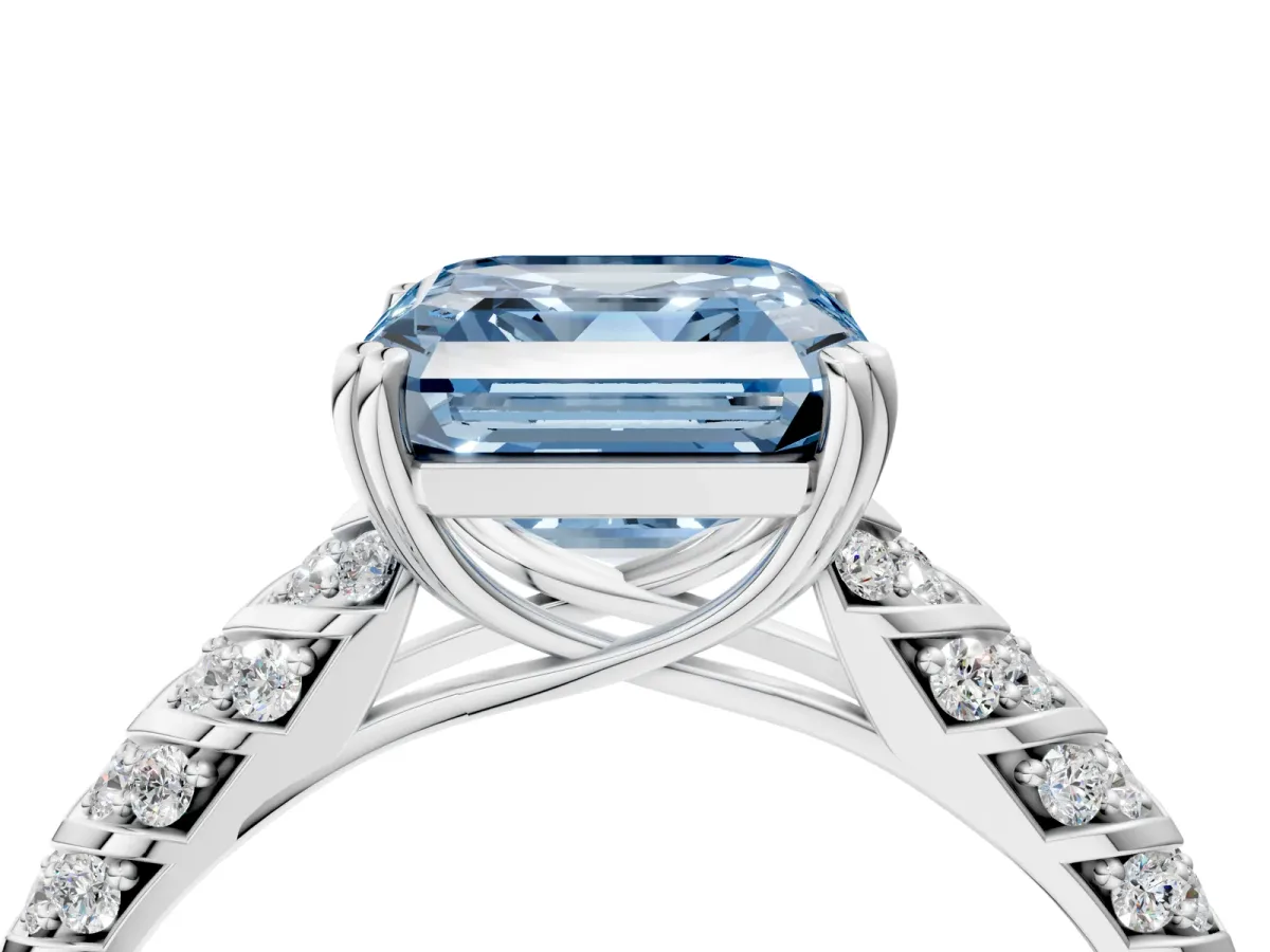 Fancy Blue Asscher Cut Solitaire Chevron Pave Diamond Engagement Ring with Six-Prong Setting Platinum