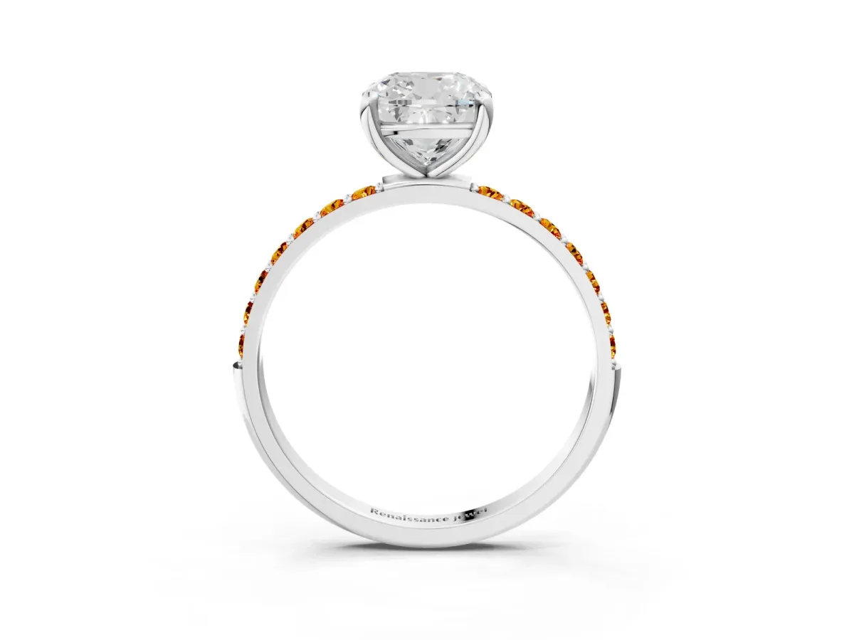 Cushion Cut Diamond Solitaire Ring with Round Citrine Pavé Band and Prong Setting Silver