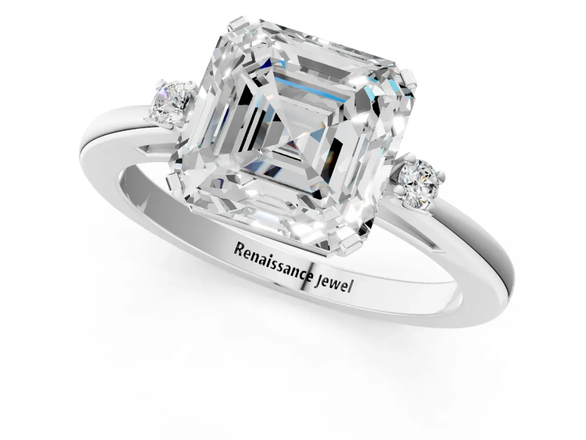 Asscher Cut Cut Three-Stone Solitaire Ring with Round Accent Diamonds and Four-Prong Setting Platinum
