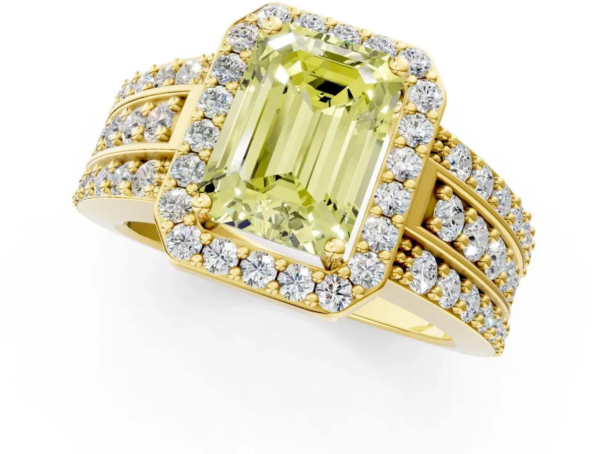 Fancy Yellow Emerald Cut Halo Diamond Ring with Round Split Shank and Prong Setting Yellow gold