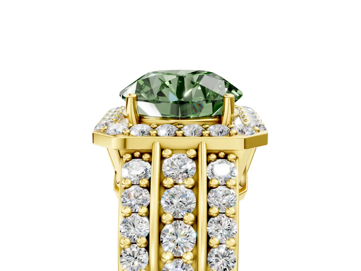 Fancy Green Round Cut Halo Diamond Ring with Round Split Shank and Prong Setting Yellow gold