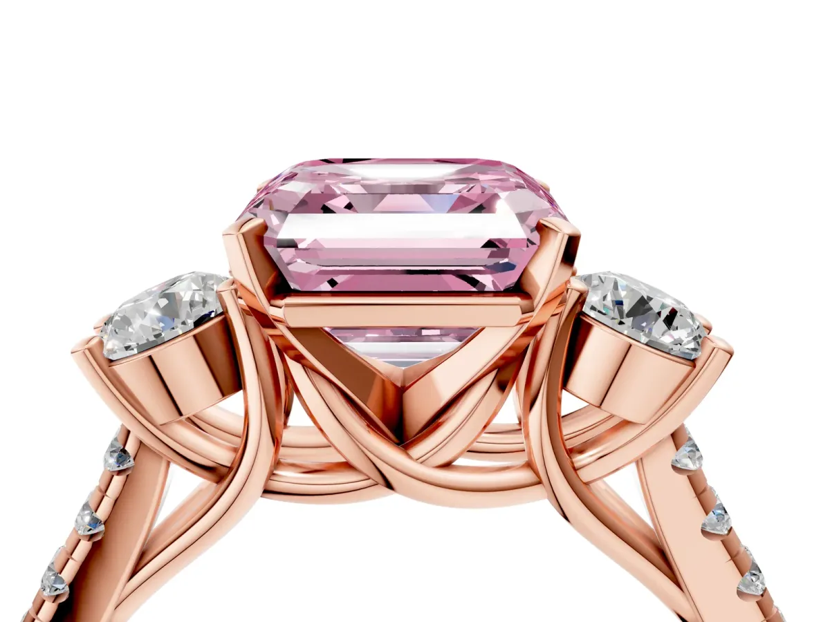 Fancy Pink Three-Stone Asscher Cut Diamond Pavé Band with Four-Prong Setting Rose gold
