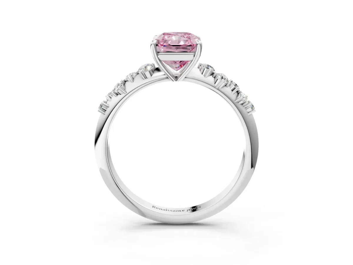 Fancy Pink Radiant Cut Diamond Cluster Side Stone Solitaire Ring with Prong Setting Platinum