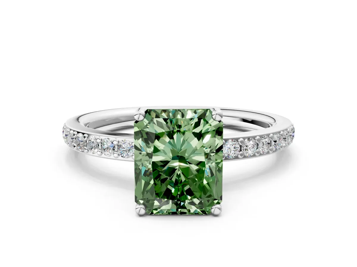 Fancy Green Radiant Cut Cut Diamond Pavé Band Ring with Four-Prong Setting Platinum