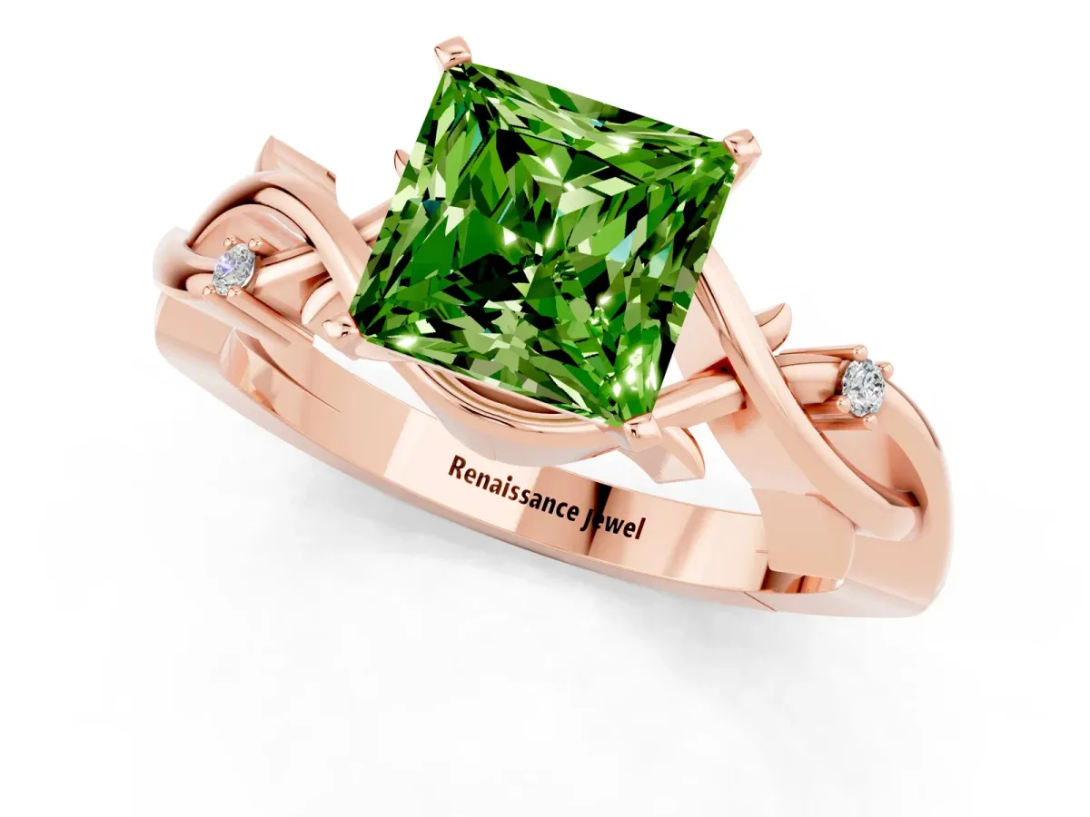 Princess Cut Peridot Solitaire Ring with Twisted Band and Prong Setting Rose gold